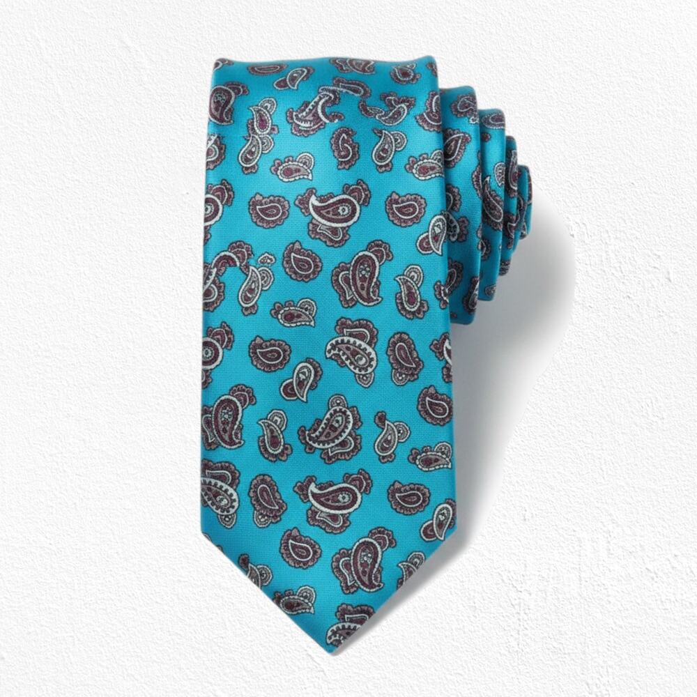 Vintage 80s Halston III Silk Tie Turquoise Paisley Made USA 59in Necktie